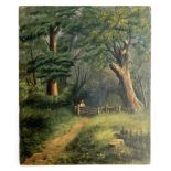 A small oil on mahogany board, man leaning against a gate within a woodland, 18x15cmH