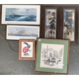 A mixed lot of colour prints, to include a war ship in rough sea, Begijnhof Bruge etc
