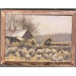 An early 20th century oil on board, feeding the sheep, 24.5x35cm