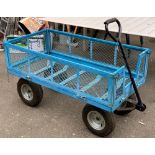 A metal garden trolley, on four inflatable wheels, 122x61x68cmH
