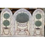 A trompe l'oeil triptych, oil on board depicting topiary and urns, 121x78cm