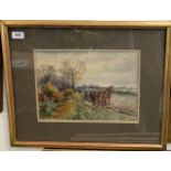 C Kipling, two watercolours, shire horses ploughing and haymaking, 23x33cm