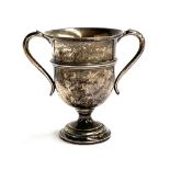 A silver twin handled trophy cup by A & J Zimmerman Ltd, 13cmH, 4.4oz