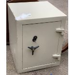 A heavy German safe with two adjustable shelves, with key, 61x61x78cmH