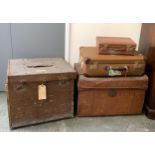 A large canvas and leather suitcase, 61x53x50cmH; together with a metal storage trunk and several