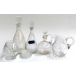 Several 19th century plain glass decanters, together with water jug, cut glass golf trophy, 5 pin