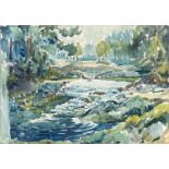 Claude Flight (1881-1955), river and woodland scene, watercolour, signed in pencil lower right,