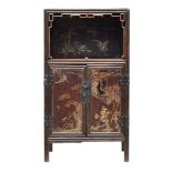 A black Japanned bamboo cabinet, decorated all over with cranes, peacocks, foliage, etc, 60x44x110cm