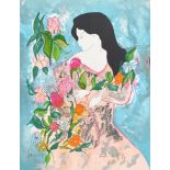 Linda le Kinff (French b.1949), lady holding flowers 7/20, signed and numbered in pencil