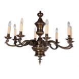 A bronzed metal chandelier in 18th century Continental taste, 20th century, with a lobed and knopped