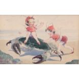 Joyce Hamstead, pair of watercolours depicting sea fairies at play, one with a crab, signed, 16.5