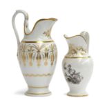 Two 19th century porcelain water jugs, with white and gilt decoration, one with swag pattern, the