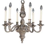 A silvered metal six arm chandelier in 18th century Continental taste, 20th century, approximately