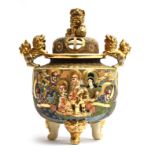 A large Japanese satsuma porcelain censer depicting the 16 Arhats, with handles in the form of foo