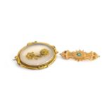 A Victorian 9ct gold bar brooch set with a turquoise, 3.8cm wide, approx. 1.8g; together with a gilt