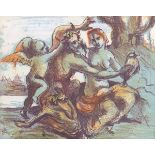 Phyllis Bray (1911-1994), a classical scene depicting Amymone, Cupid and a satyr, ink and colour