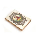 A 19th century French mother of pearl and white metal mounted notepad, with hand painted porcelain