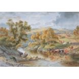 Vernon Foster (fl. 1880-1920), river scene with angler and cattle watering, watercolour, signed,