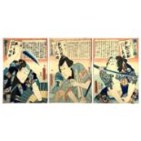 Kunisada Utagawa (1786-1865), three 19th century Japanese Ukiyo-e woodblock prints depicting