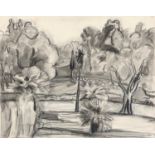 Martin Bloch (German 1883-1954) garden scene, charcoal, ink and colourwash, signed and dated 1927,