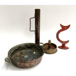 A trench art ashtray, a handled copper long measure, a barge ware banana hook and a copper pan