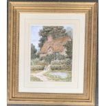 Timothy Phillip Craig, watercolour on paper, children in front of a Sussex cottage, signed, 36x27cm