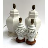 A pair of ceramic hexagonal baluster form table lamps; together with two others, 37cmH