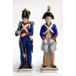 Two Sitzendorf porcelain soldier figurines, Musketier 1815 and Artillery 1775/83, each approx. 21cmH