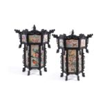A large pair of Chinese wood and painted silk hanging lanterns, 1950's, of hexagonal shape,