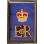 An embroidered ER II and crown emblem relating to The Lifeguards, the frame 53x36cm