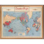 A large Canadian Pacific map of the world, in frame, 94x120cm