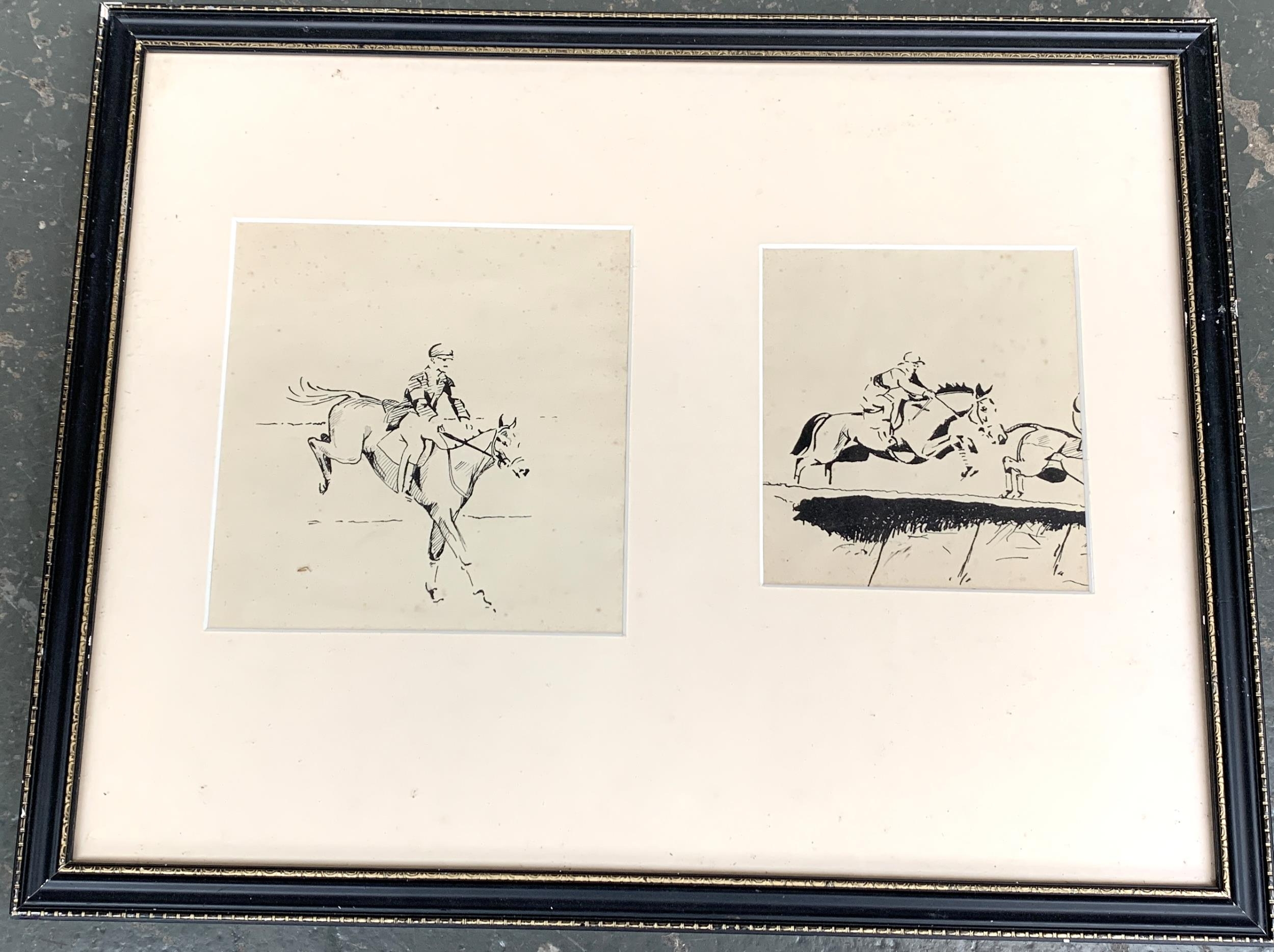 Two pen and ink studies of steeple chases mounted together, 17.5x17cm and 15x13cm