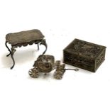 A white metal filigree carriage together with a filigree box and a 930 silver miniature table