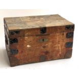 A vintage pine storage box, with metal bracing, 51x33x30cm