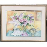 A large 20th century watercolour, still life with flowers and a teapot, 73x55cm; together with a