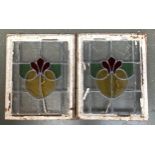 A pair of early 20th century stained glass crittle windows, 62x48cm, together with one other lead