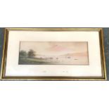 E Ferris (fl. 1875-1889), watercolour, cattle watering at a lake, signed, 13.5x41cm