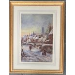 E A Langdon, a 19th century watercolour of a Victorian town in the snow, 46x31cm