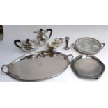 A quantity of plated items to include a Harrods twin handled tray, engraved 'D', coffee pot, teapot,