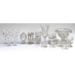 A mixed lot of glassware to include table lustre, cut glass lidded jam pot engraved wit grape and
