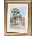 Lewis Pinhorn Wood (1848-1918), watercolour of a cottage with crenulated building in background,