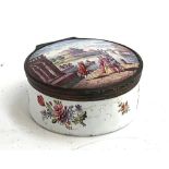 A 19th century French enamel trinket pot, hand painted scene on lid, floral sprays to inside lid,