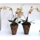 A pair of faux orchids in decoupage style planters