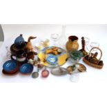 A mixed lot to include Hornsea 'Bronte' eggcup, Poole pottery hand painted sunflower plate, marbles,