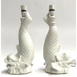 A pair of white glazed ceramic Casa Pupo dolphin table lamps, 42cmH to top of fitting