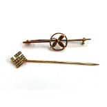 A 9ct gold bar brooch with leaf motif, 4.5cmL, together with a 9ct gold swastika stick pin set