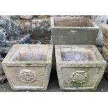 A pair of small square composite stone planters, with Tudor rose emblem, 20cmH; together with one