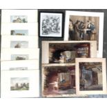 A small portfolio of various watercolours of domestic scenes, Cries of London etching, etc