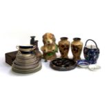 A mixed lot to include chalkware dog figurine, pair of vases, calvados bottles, biscuit barrel,