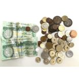 A small quantity of coins to include one penny 1914, Pesetas, Euro, The States of Guernsey £1 note